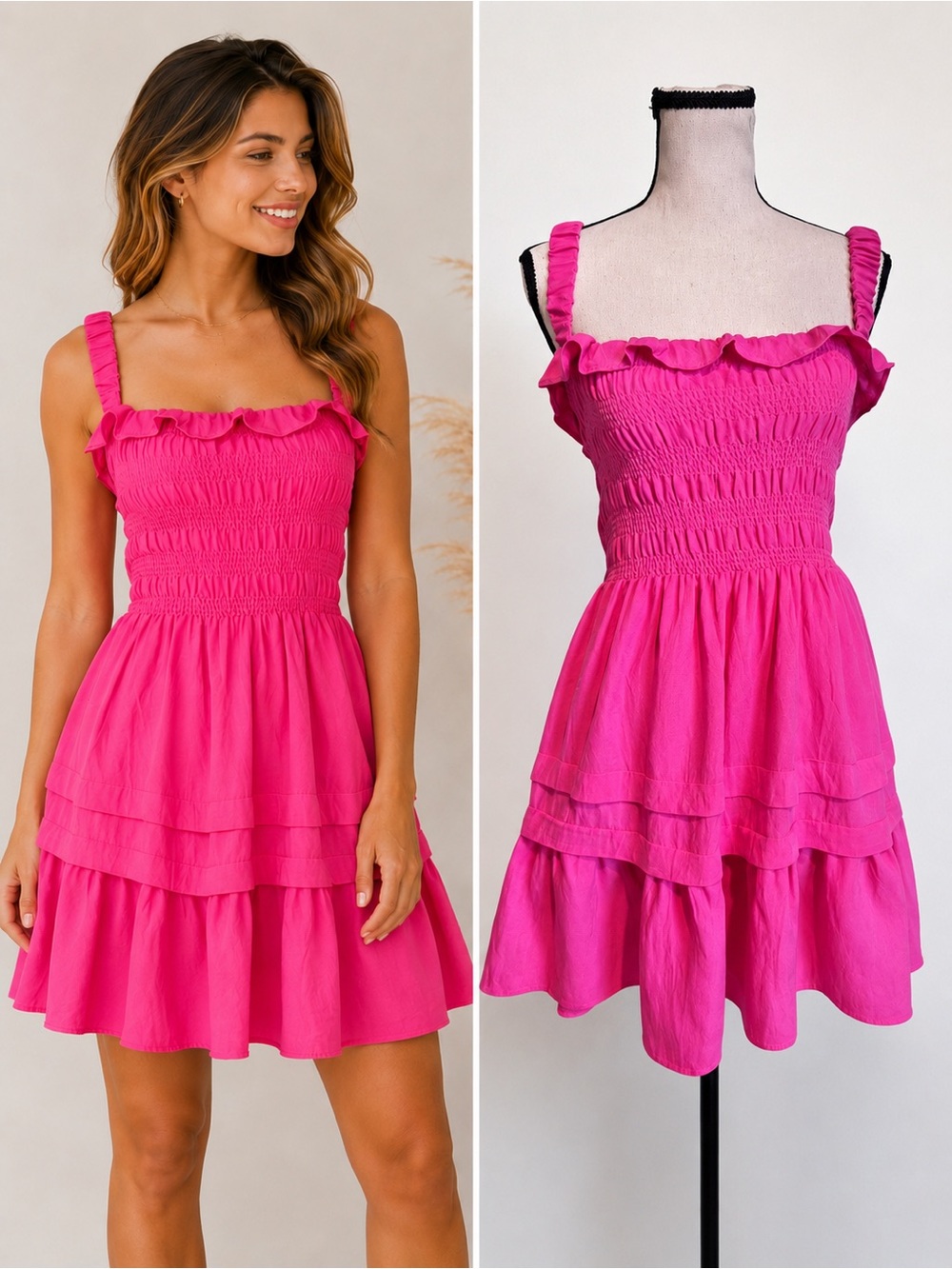 Do + Be Hot Pink Smocked Mini Dress Open‎ Back Ruffle Hem Size Small